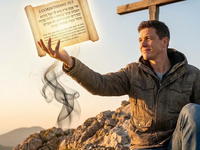 A person taking a dark thought captive and replacing it with the light of God's Word.