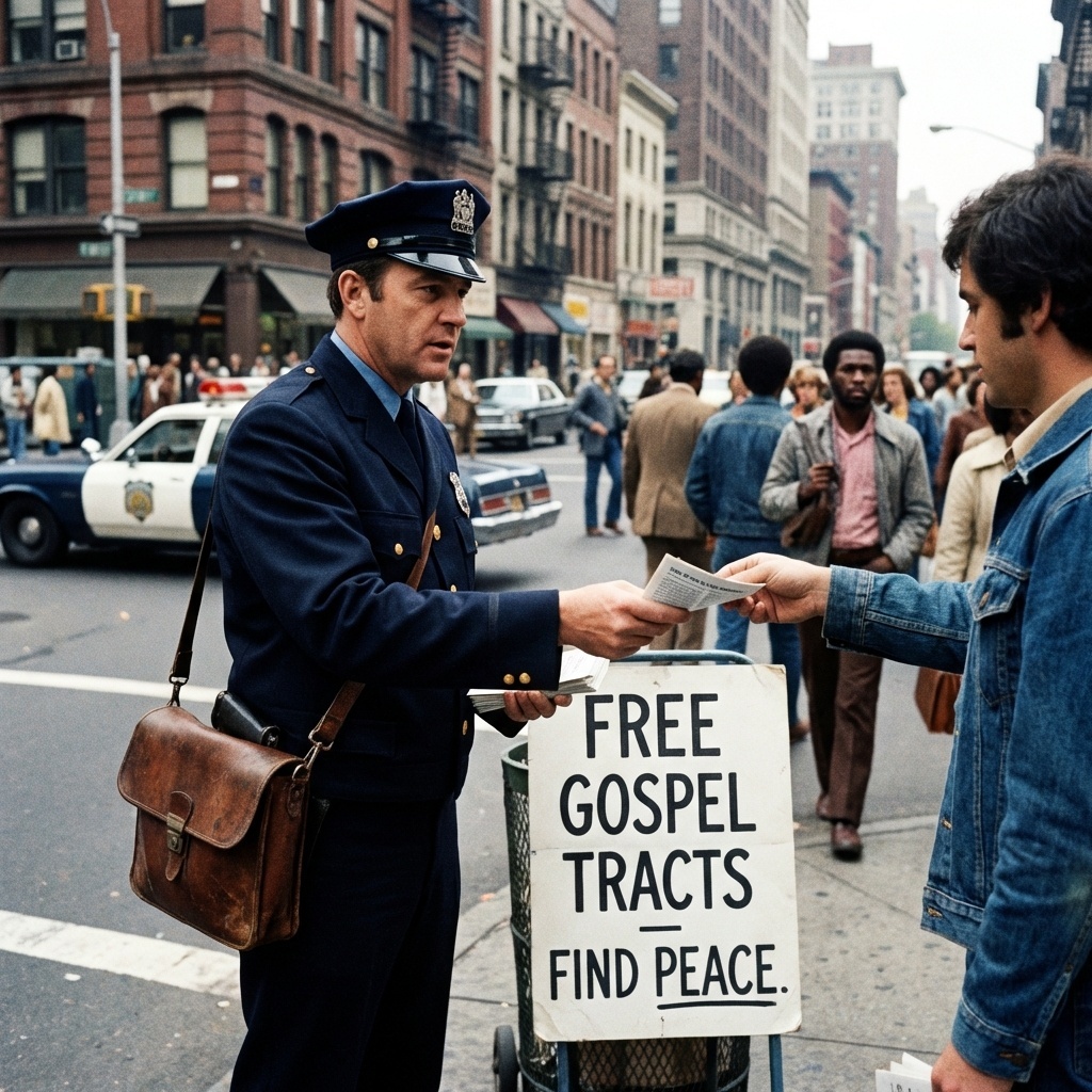 Police officer handing out gospel tracts