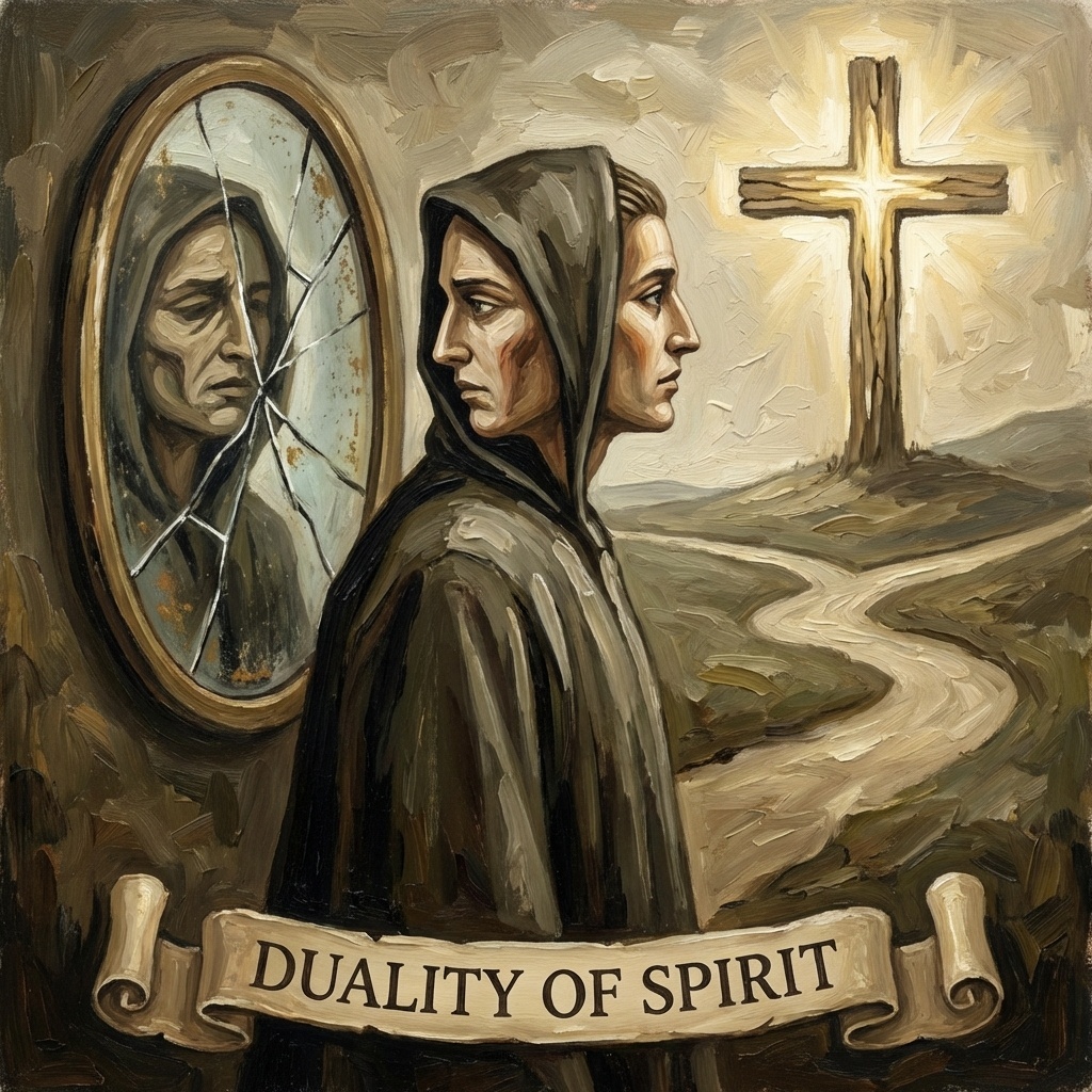 Symbolic image of a man torn between self and God