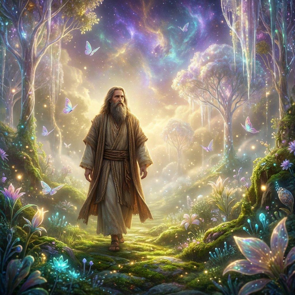 The prophet Enoch walking in a radiant, heavenly garden filled with light and LIFE.