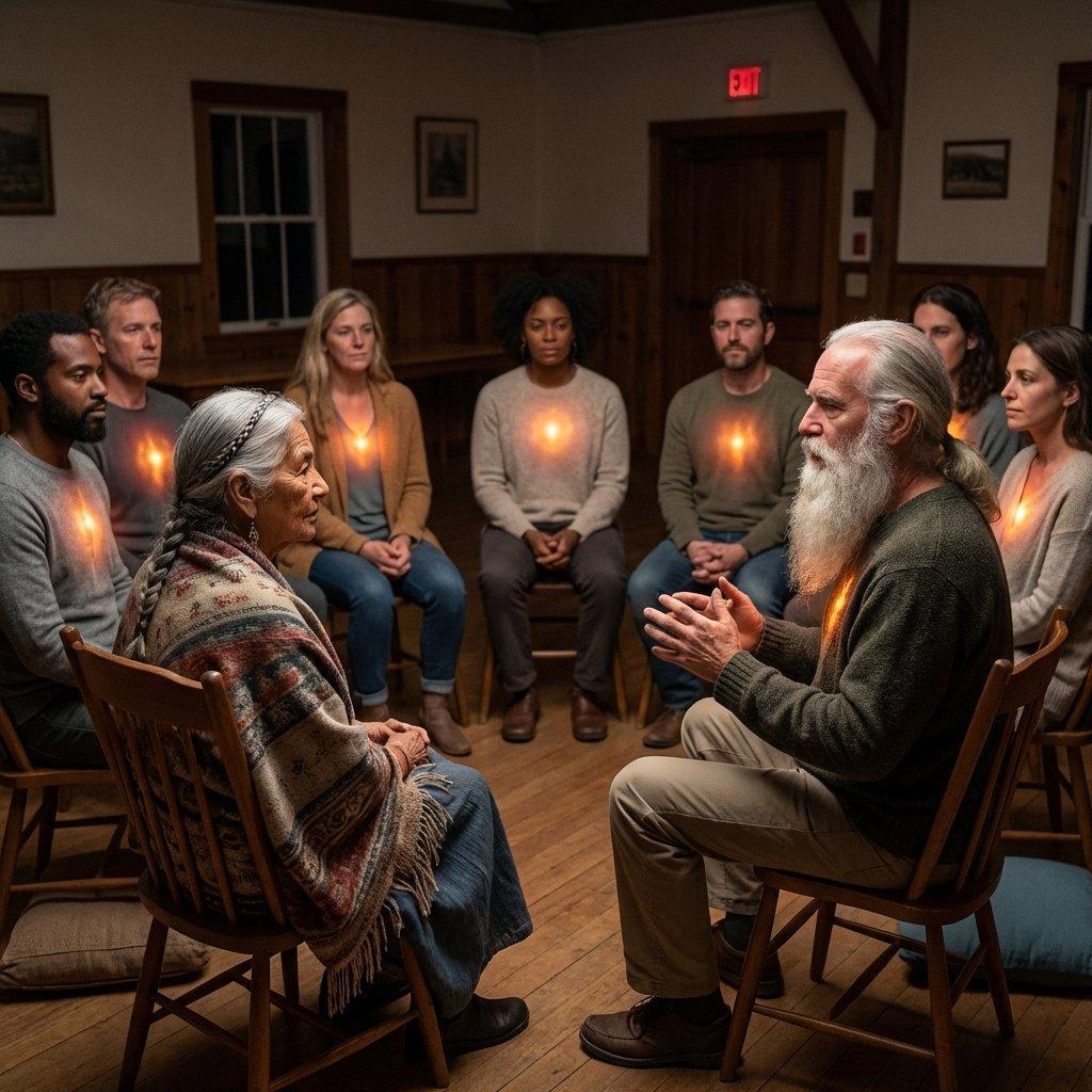 A group of people with glowing hearts as they listen to an elder. The light represents spiritual passion.