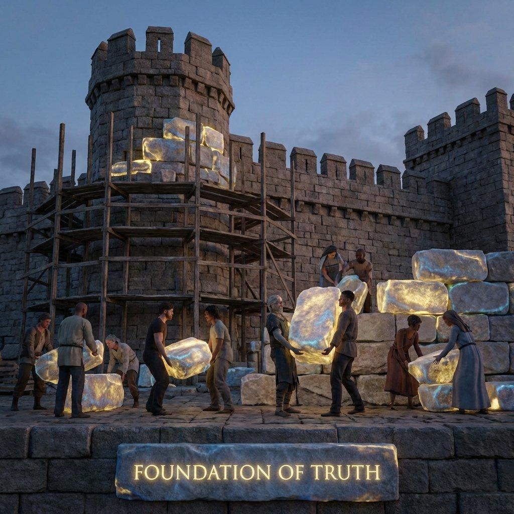 A group of people building a magnificent stone fortress representing truth and stability.