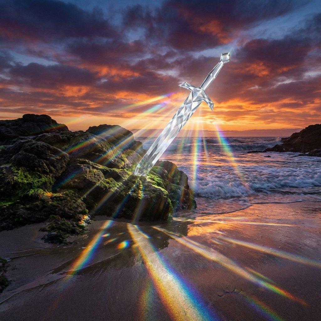A brilliant, transparent silver sword emitting prismatic light. It looks like it's made of diamond.