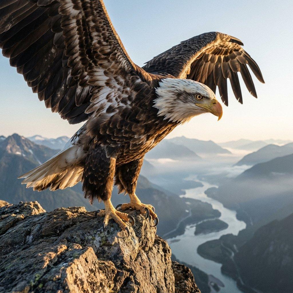 A majestic young eagle with intense eyes about to take flight from a high place.