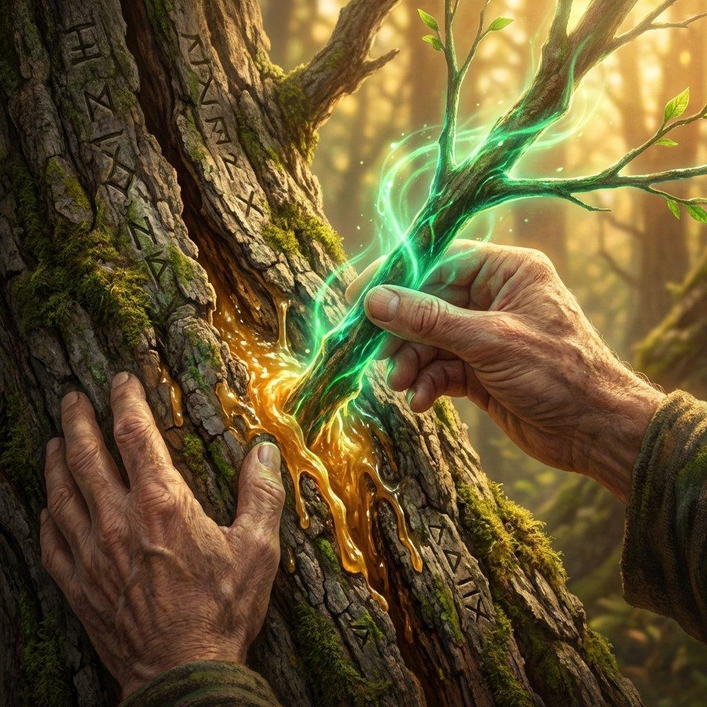 Hand grafting a glowing green branch into an old ancient tree. Life flowing through the graft.