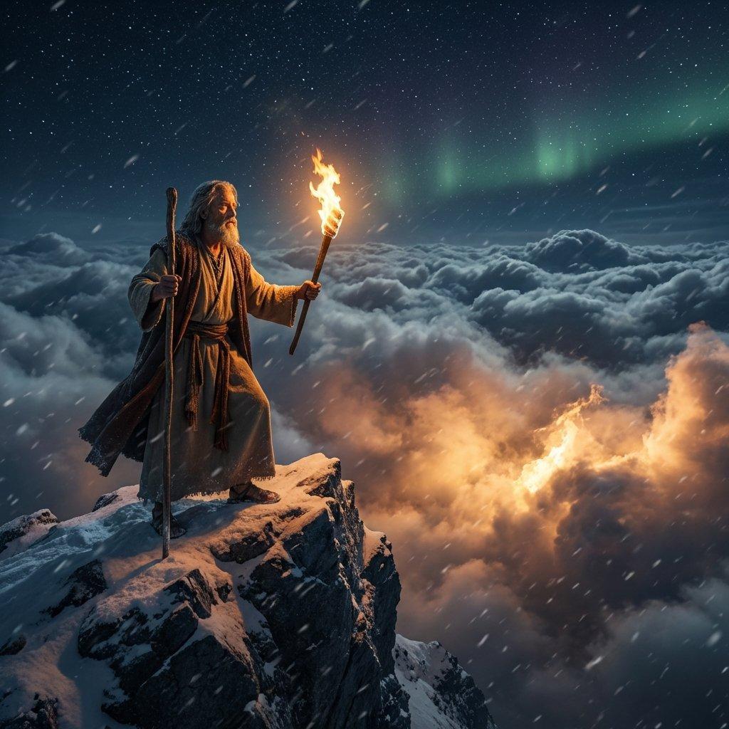 A prophet standing on a snowy mountain peak at night, holding a torch that lights up the clouds.