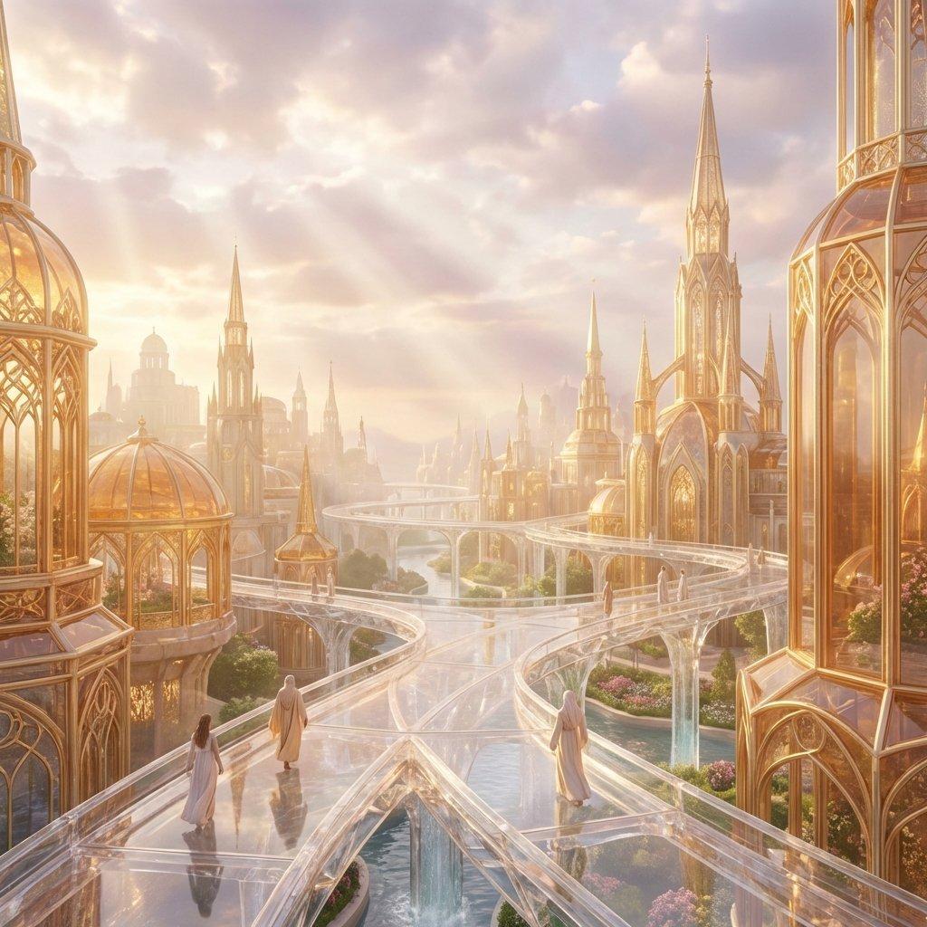A beautiful city with golden architecture and transparent streets, bathed in soft divine light.