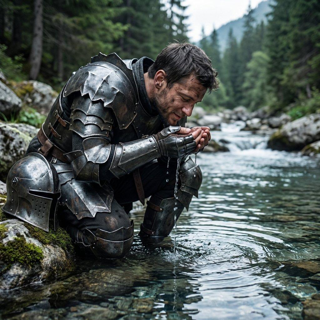 An enemy soldier in dark armor kneeling to drink from a stream, his face softening with peace.