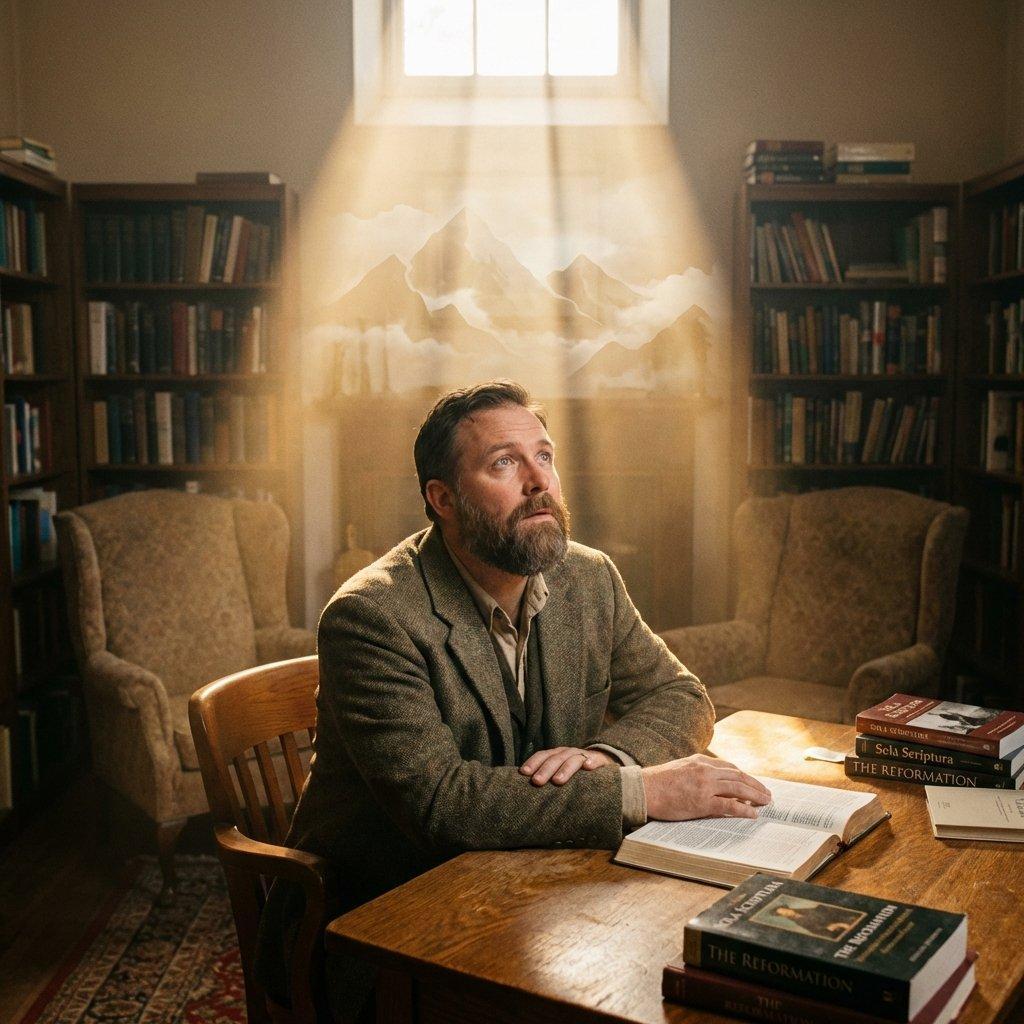 A man in a study having a vivid prophetic vision with golden light descending from the ceiling. Realistic, warm lighting.