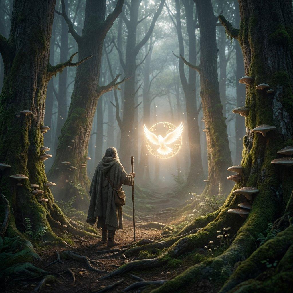 A person walking in a dark forest guided by a glowing dove representing the Holy Spirit. Ethereal and peaceful.