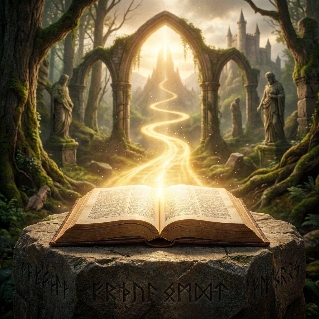 An open bible with light emanating from its pages onto a narrowing path. Cinematic high fantasy style.